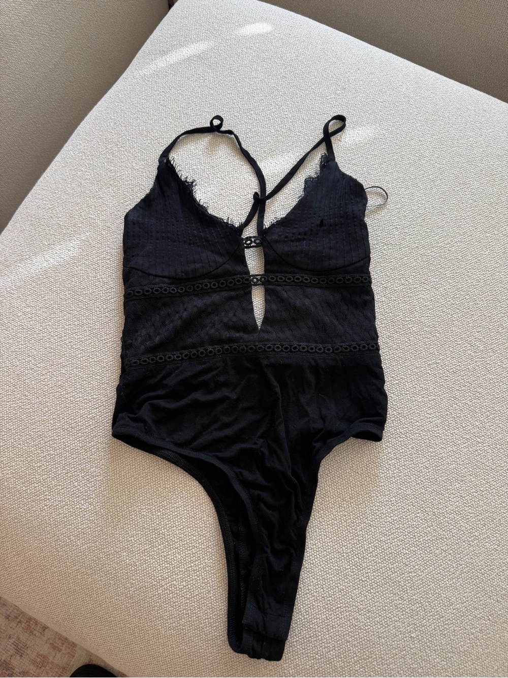 superdown Black Lace-Trim Bodysuit with Keyhole Detail
